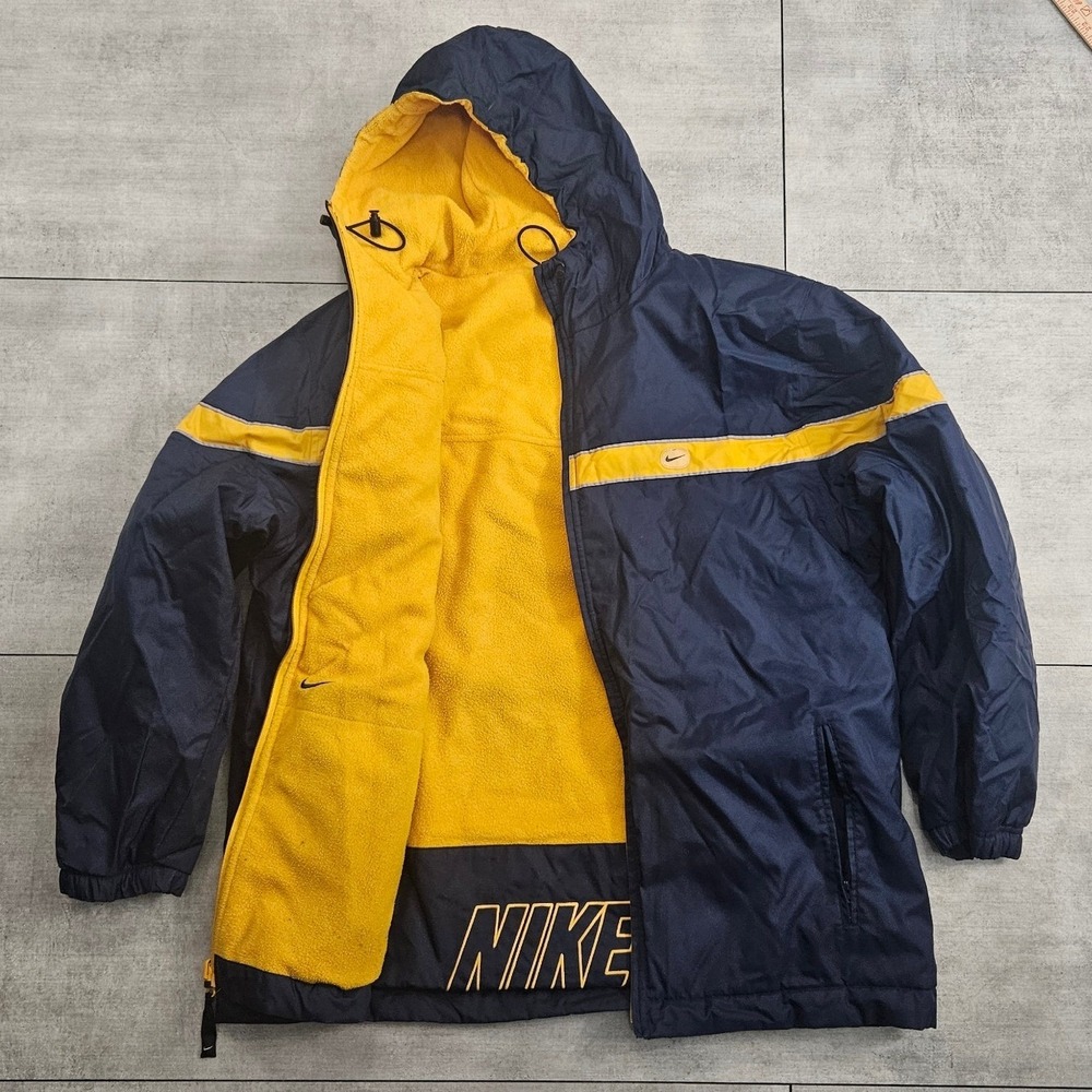 Nike Reversible Hooded Jacket Mens Large Navy‎ Yellow Fleece Nylon Parka Vintage